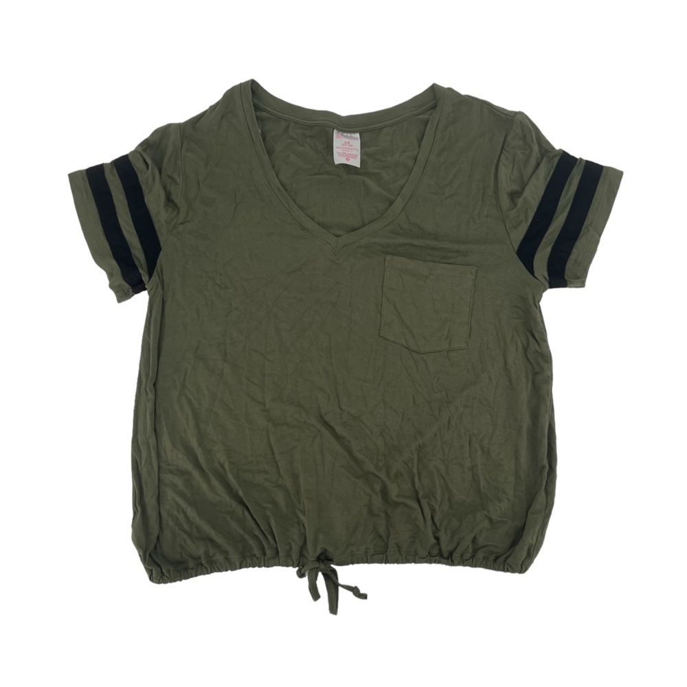 NWT No Boundaries Green Black Stripe Short Sleeve Crop Shirt Size Large Women’s